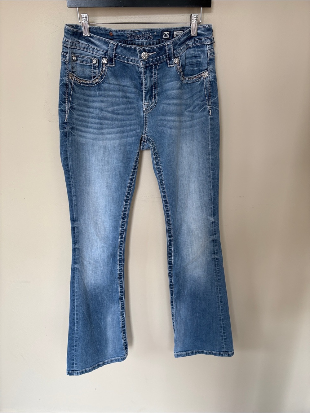 Miss Me Medium Blue Bootcut Jeans with Whisker Fade